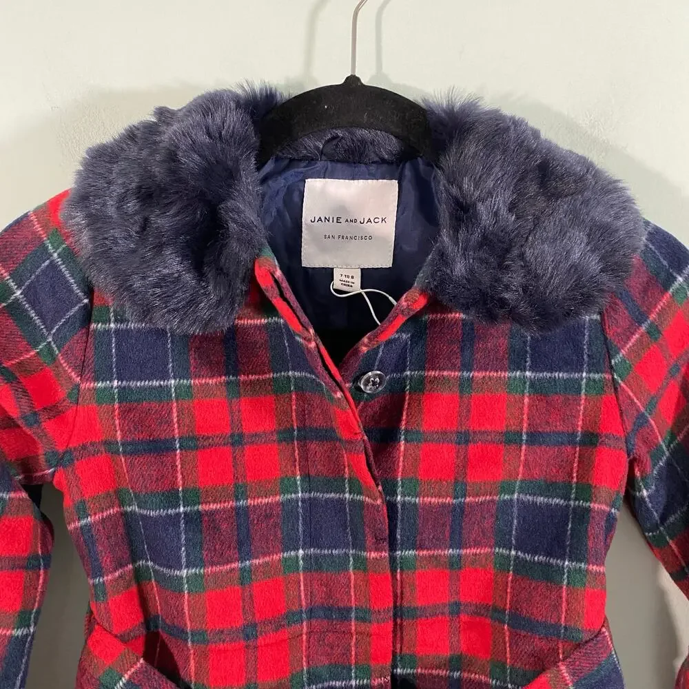 Janie & Jack X American Girl Navy & Red Tartan Plaid Fur-Trim Plaid Coat Sz 7-8